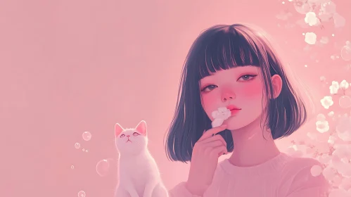 Pink Anime Portrait with Feline Friend