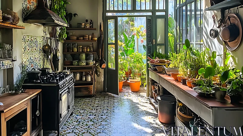 AI ART Sun-Drenched Vintage Kitchen with Green Plants