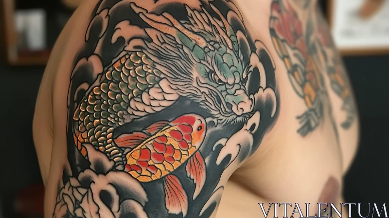 Intricate Japanese Dragon and Koi Tattoo Design AI Image