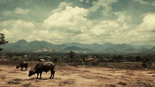Cows Grazing with Mountain View