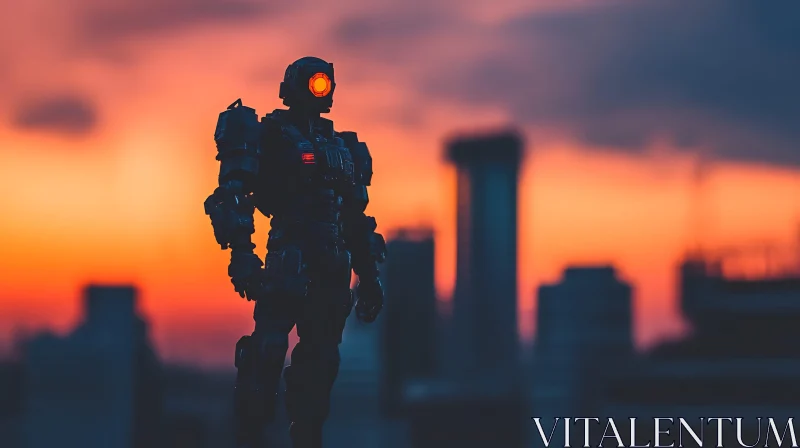 Robot Against Sunset Cityscape AI Image