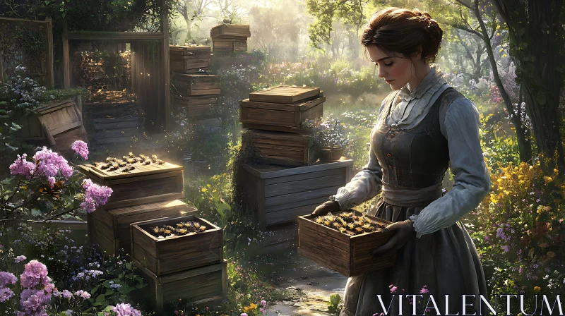 Beekeeper in Floral Garden AI Image