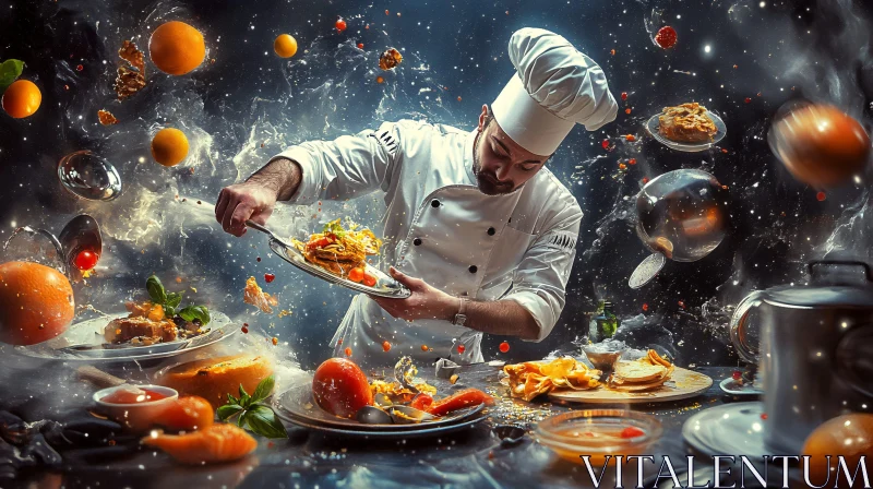 Chef in Action with Floating Ingredients AI Image