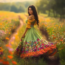 Lady in Green Dress in Flower Field