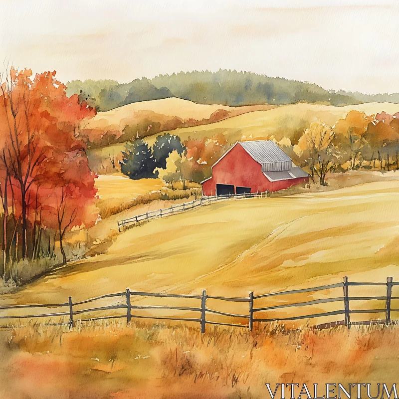 Watercolor Barn in Autumn Landscape AI Image