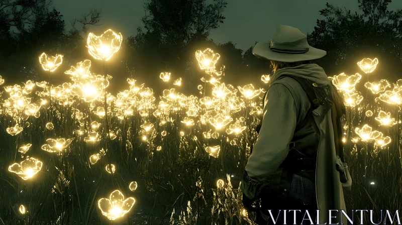 Luminous Meadow: Person Amidst Glowing Flora AI Image