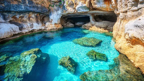 Turquoise Water Cave Surrounded by Rocky Cliffs