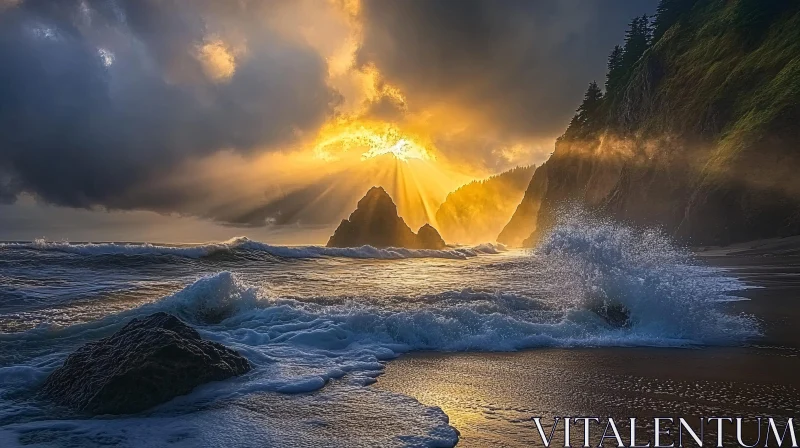 AI ART Dramatic Sunset at Rocky Coastline