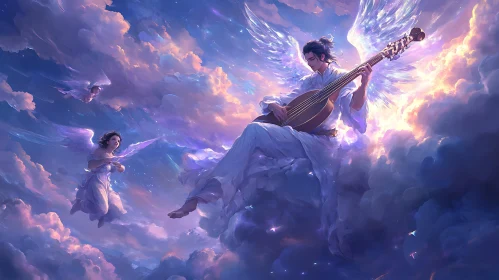 Heavenly Angel Playing Music in Clouds