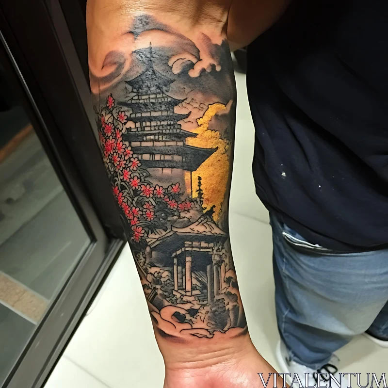 AI ART Japanese Temple and Sunset Tattoo on Arm