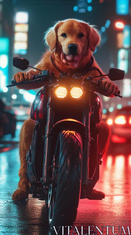 Golden Retriever on Motorcycle at Night AI Image