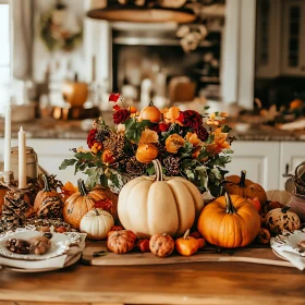 Fall Harvest Table with Pumpkins and Flowers