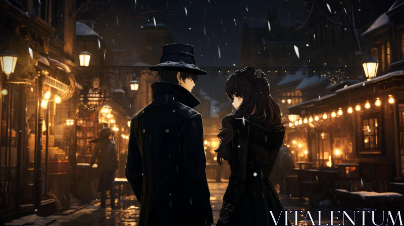 Anime Art: Couple's Night Walk in Snowy City Street AI Image