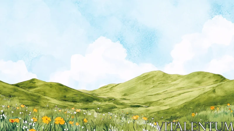 AI ART Peaceful Meadow Scene with Blue Sky and Clouds