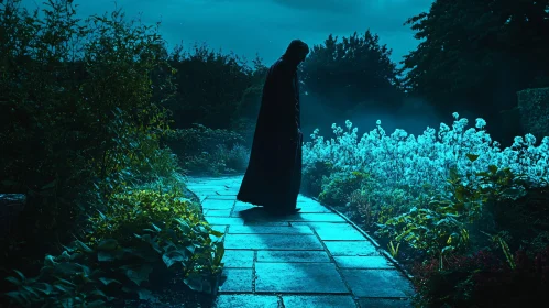 Mysterious Figure in Moonlight Garden