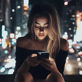 Woman Using Smartphone at Night