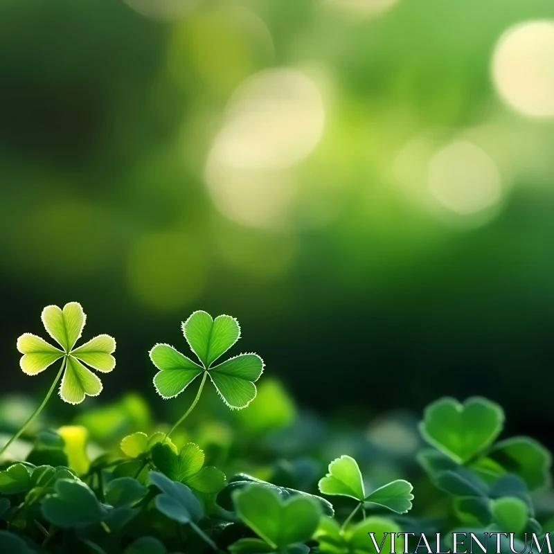 Sunlit Four-Leaf Clovers Amidst Green Meadow AI Image