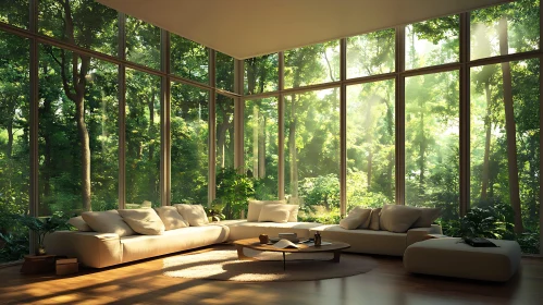 Sunlit Modern Interior with Forest Scenery