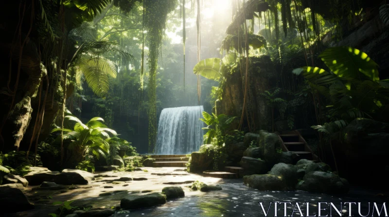 Enchanted Jungle Waterfall - A Study in Atmospheric Light and Natural Beauty AI Image