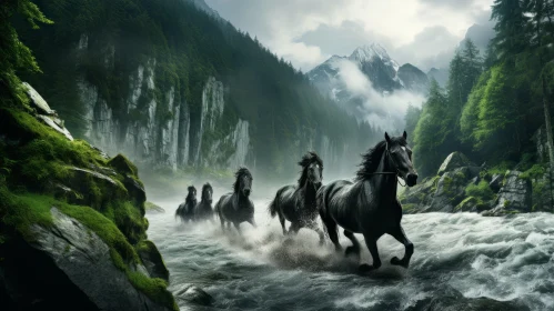 Epic Portraiture of Horses Running Through River in Swiss Realism