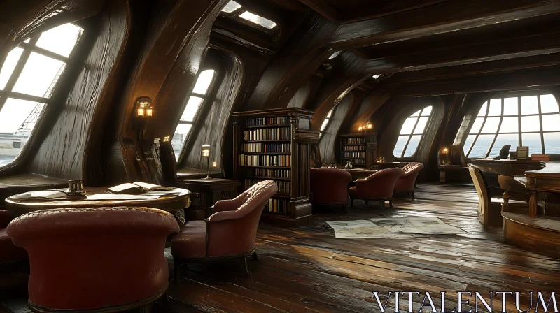 Antique Library Room with Bookshelves AI Image