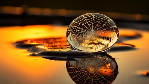 Golden Hued Spider Web with Water Droplet: A Still Life