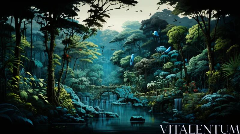 Monochrome Rainforest Illustration in Azure Tones AI Image