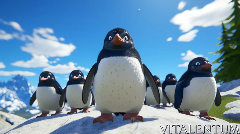 Playful Penguins in Snowy Landscape under Clear Blue Skies AI Image