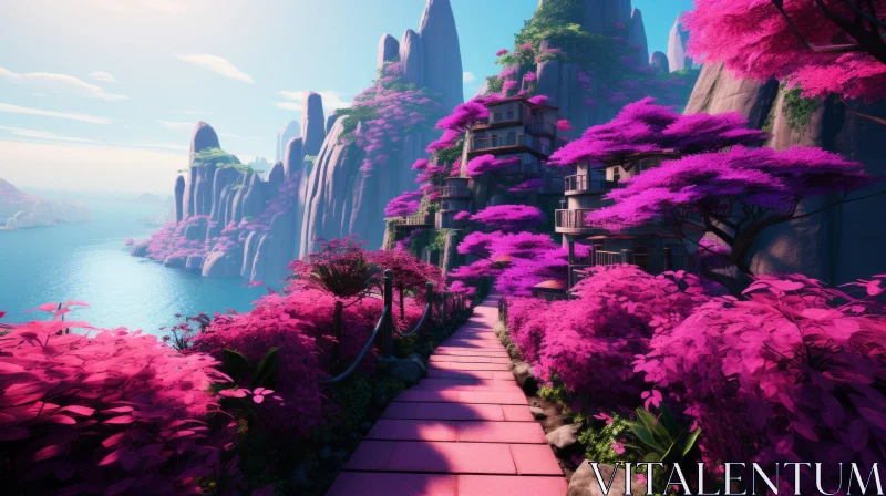 Surreal 3D Valley Landscape with Pink Blossoms and Dreamlike Architecture AI Image