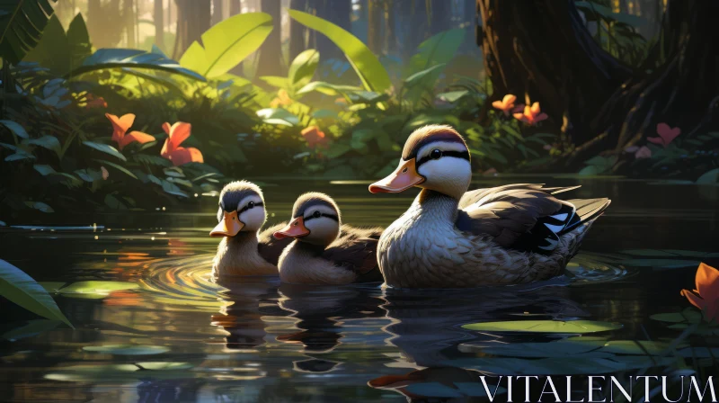 Three Ducks Swimming in Jungle Lake - Cinematic Artwork AI Image