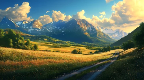 Mountain Range View with Golden Field