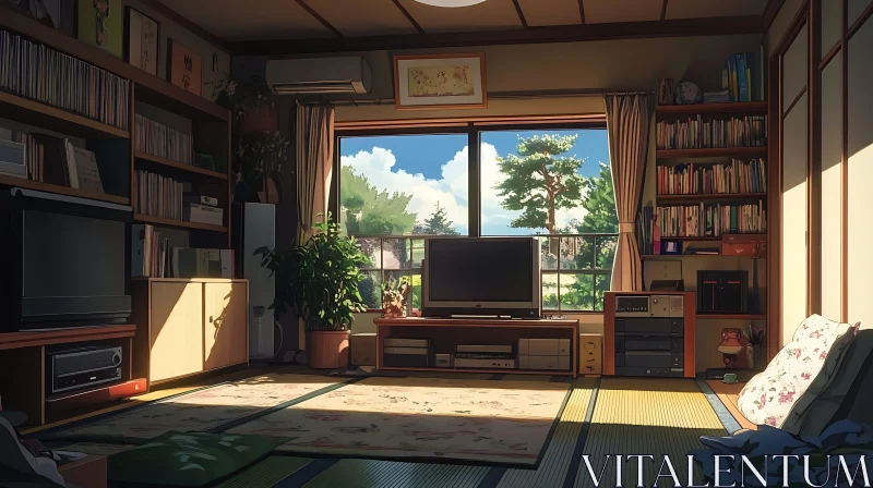 AI ART Cozy Interior with Bookshelves and Nature