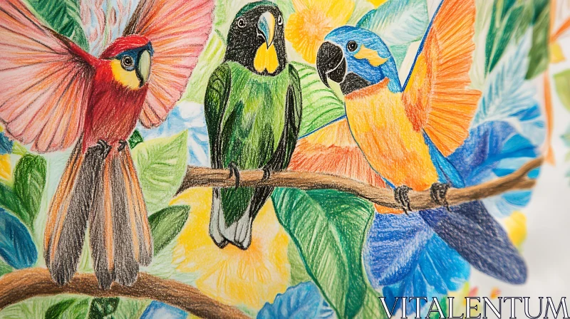 AI ART Colorful Parrot Drawing on Branch
