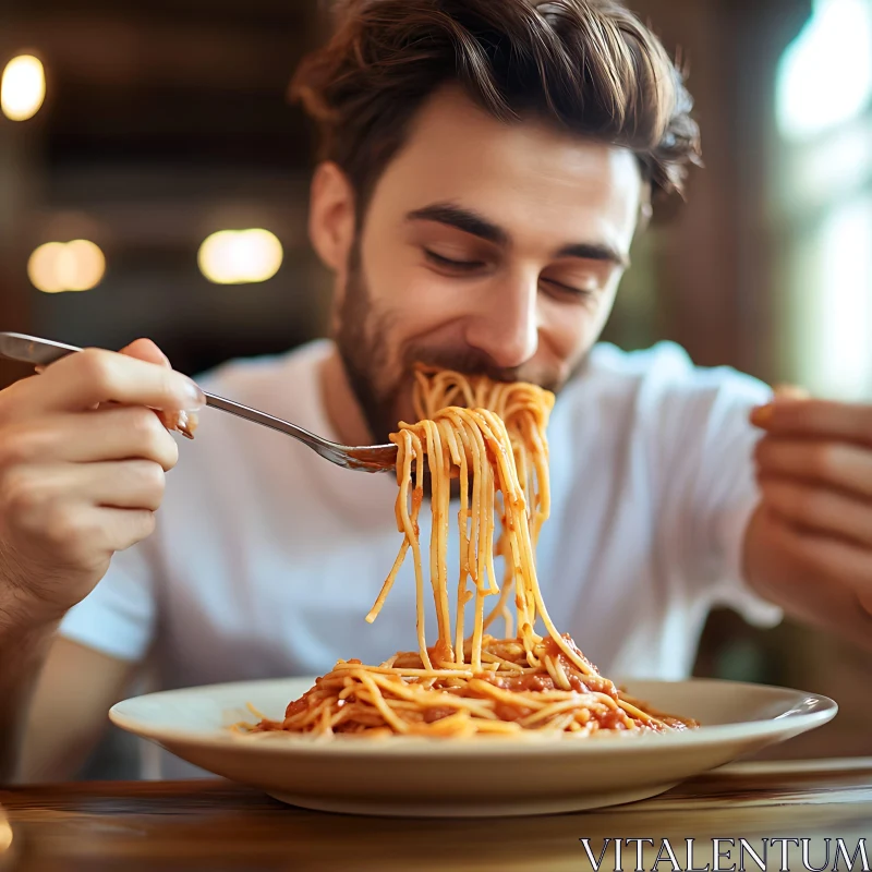 Man Enjoying Spaghetti in a Cozy Restaurant AI Image