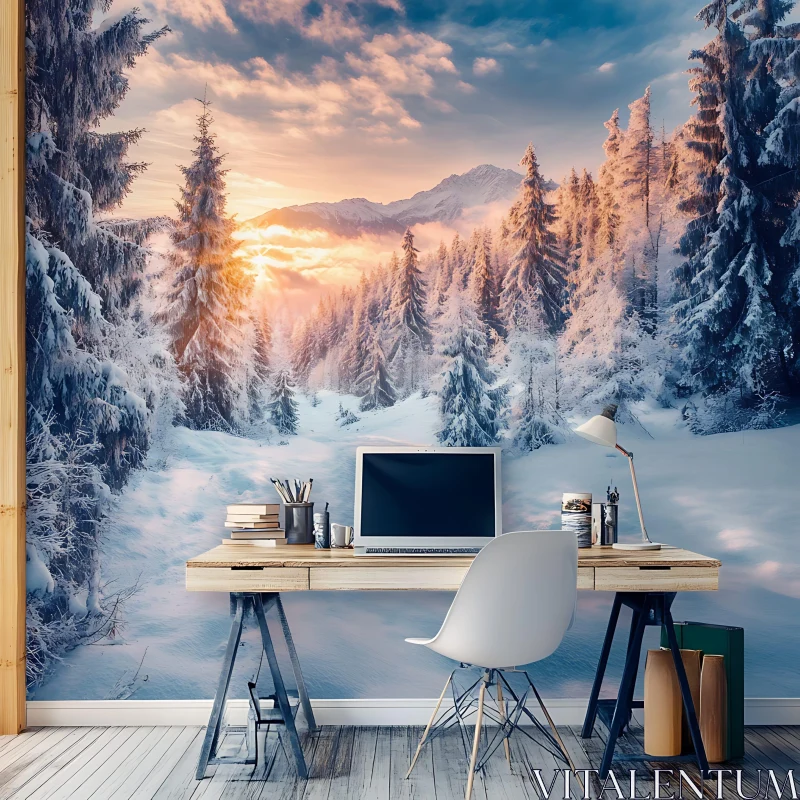 Snowy Trees and Workspace AI Image