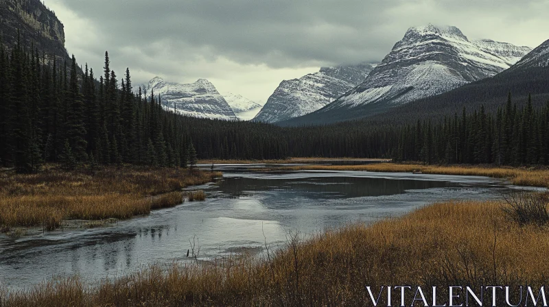 Snowy Mountain Lake Landscape AI Image