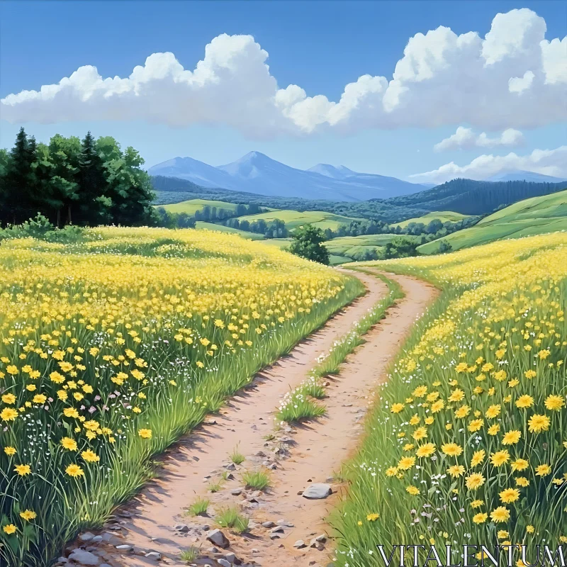 AI ART Yellow Flowers Field with Path to Mountains