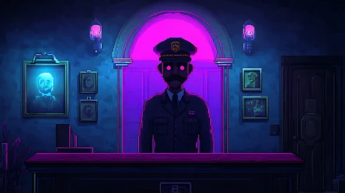 Pixelated Officer: Glowing Eyes Portrait