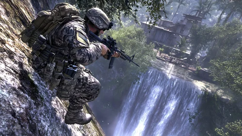 Soldier on Cliffside Near Waterfall