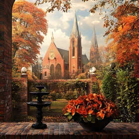 Brick Church in Fall Garden