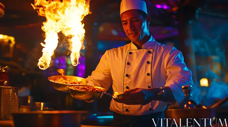 Gourmet Cooking with Flambe in Dimly Lit Restaurant AI Image