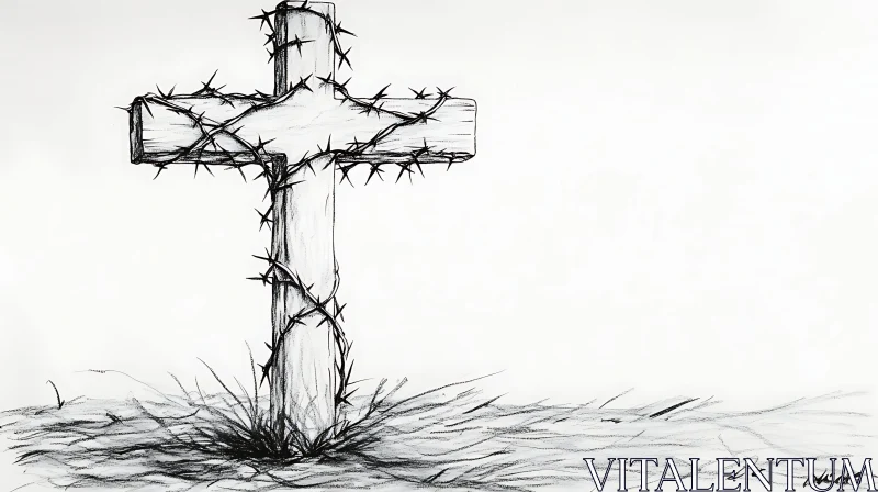 Symbolic Cross Sketch in Black and White AI Image