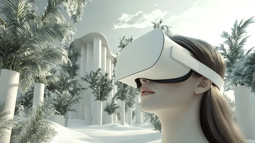 Woman with VR Headset in White Garden