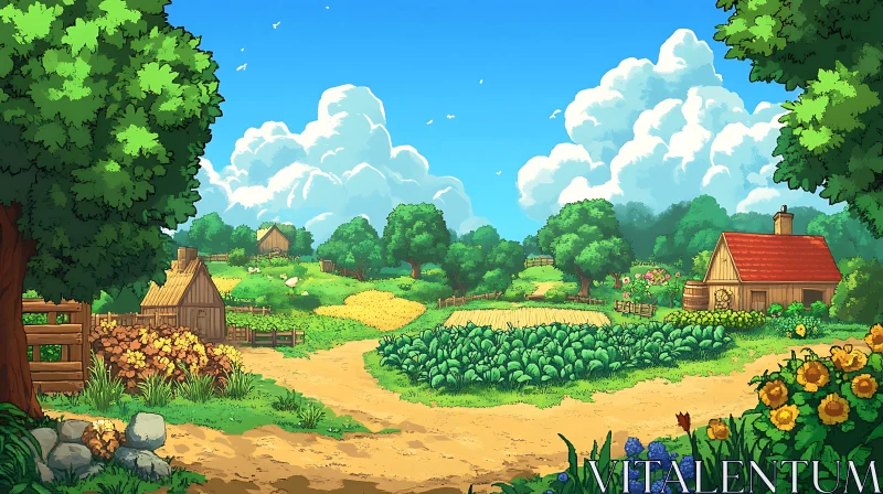 Peaceful Farm Scenery in Cartoon Style AI Image