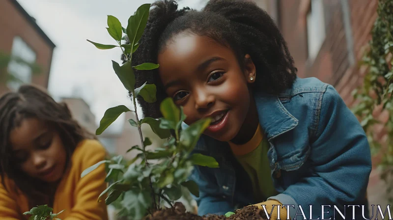 Girl Planting Sapling with Smile AI Image