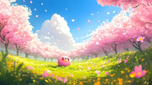 Pink Character in Cherry Blossom Wonderland