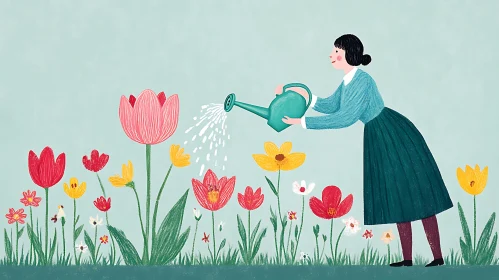 Woman Gardening with Colorful Flowers