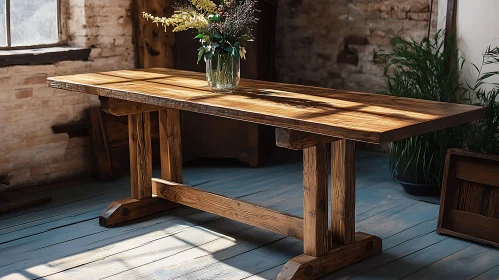 Sunlit Wooden Table with Flowers