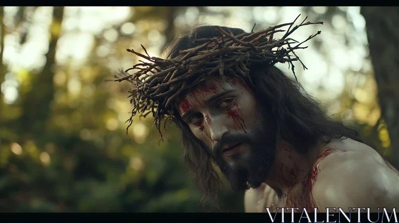 Sorrowful Man Portrait with Crown of Thorns AI Image