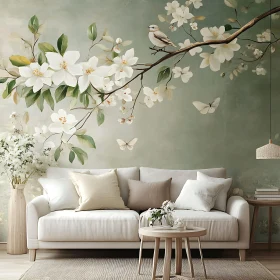 Peaceful Interior with Floral Wallpaper and Sofa